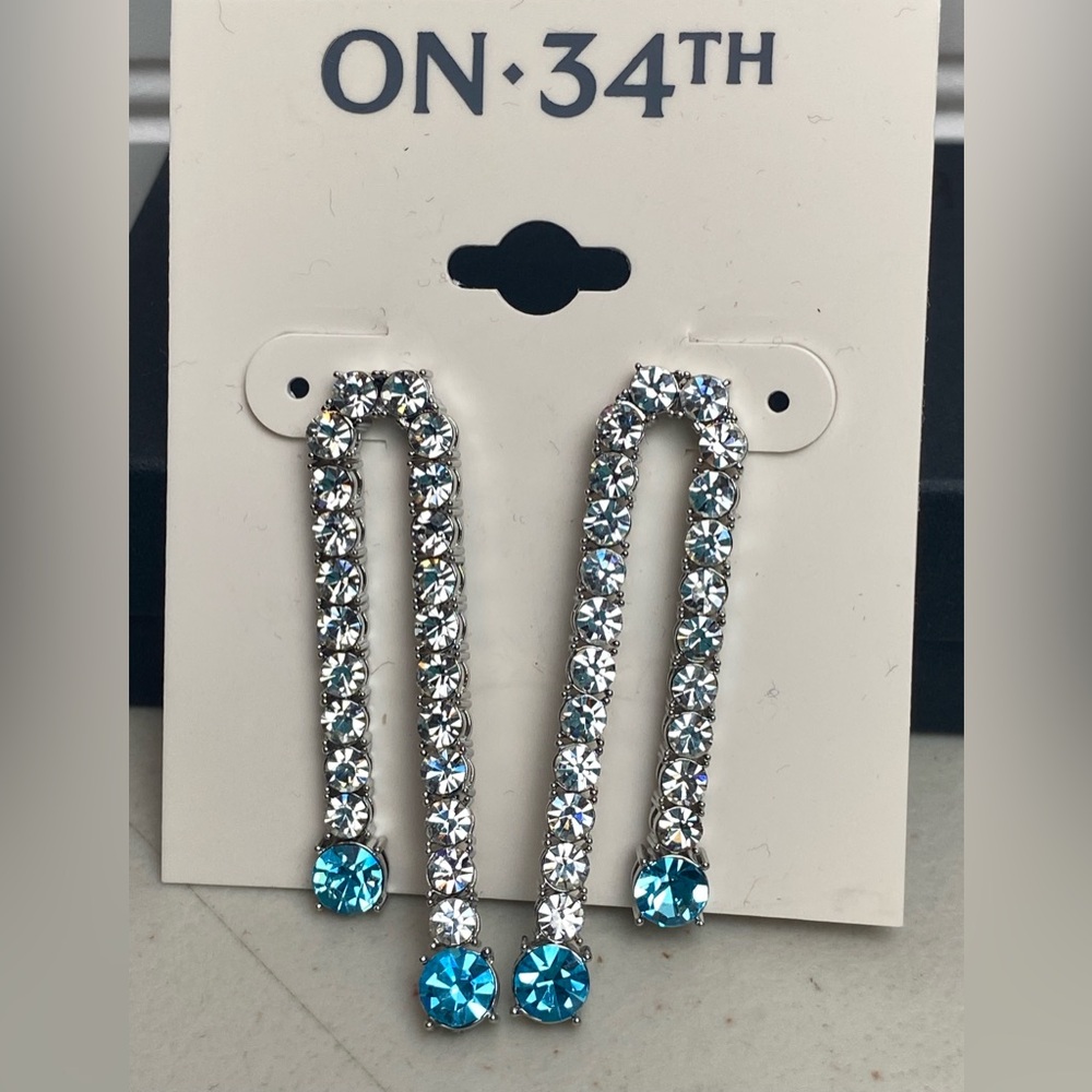 ON 34th Silver and Blue Dangle Earrings with Teardrop Accent, 2” long, NWT